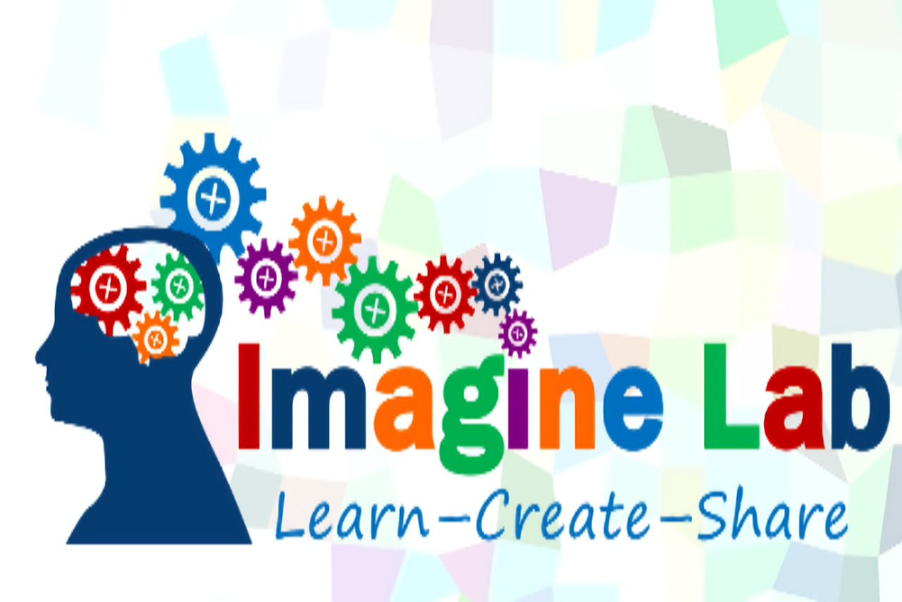 The silhouette of a human being with colorful gears emerging from its head. The captions reads Imagine Lab Learn Create Share