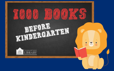 1000 Books Before Kindergarten logo. Cartoon lion reading a book