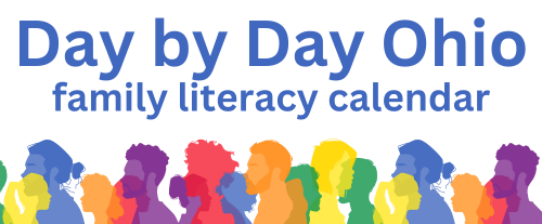 text day by day ohio, family literacy calendar.  color people walking by