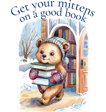 2024-25 Winter Reading Program logo cute bear carrying a stack of books