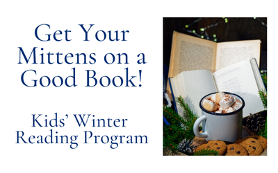 winter reading club logo, open books with a cup of hot chocolate