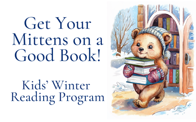 winter reading program for kids. cartoon bear carrying a stack of books